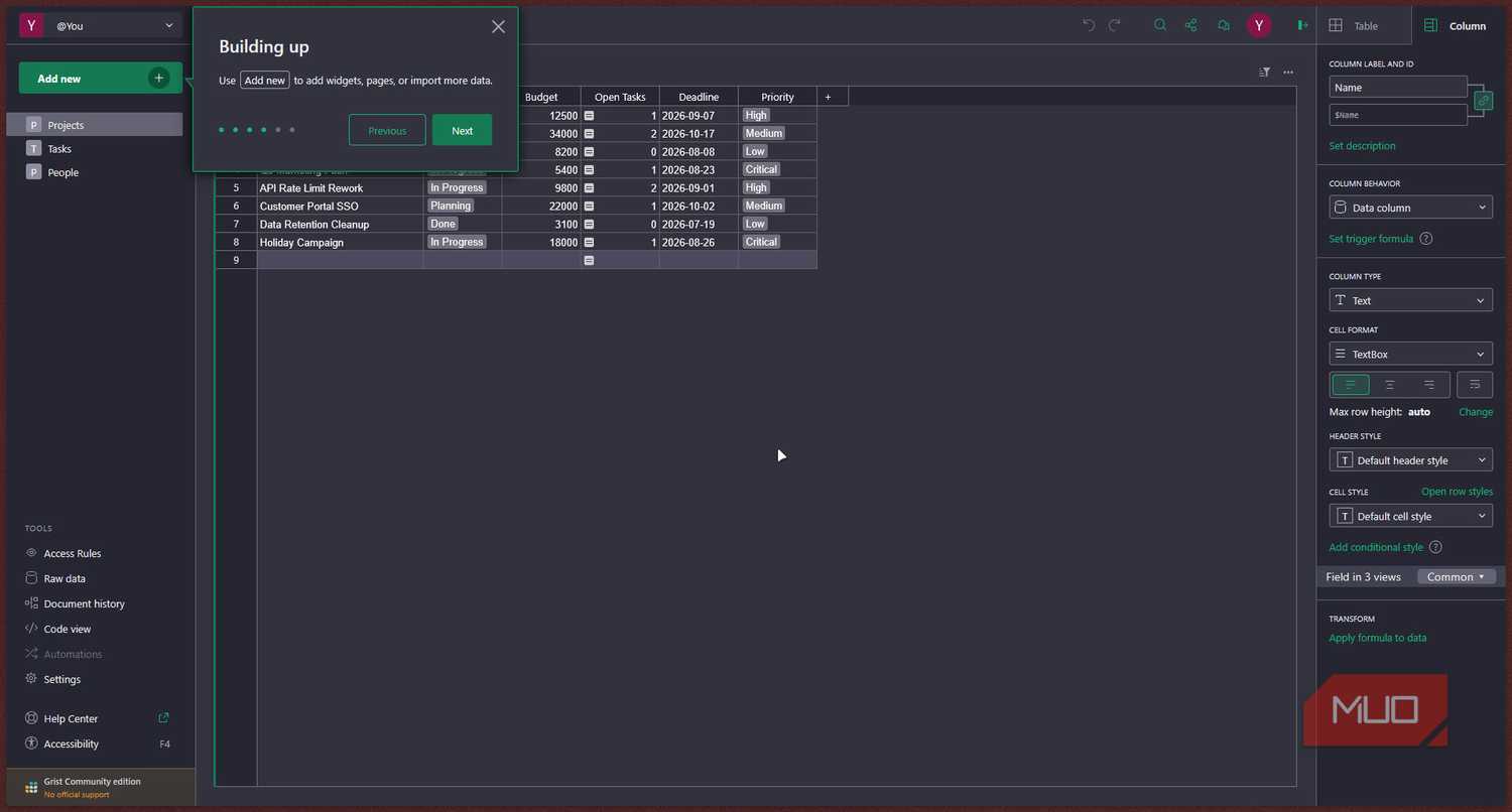 Gris table with document adding tooltip.