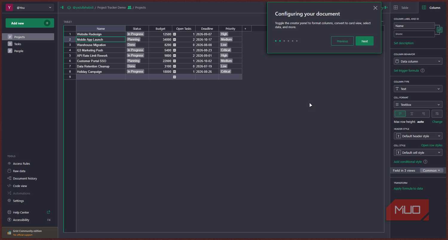 Gris table with document configuration tooltip