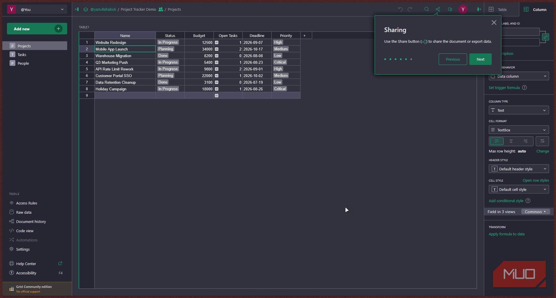 Gris table with sharing tooltip.