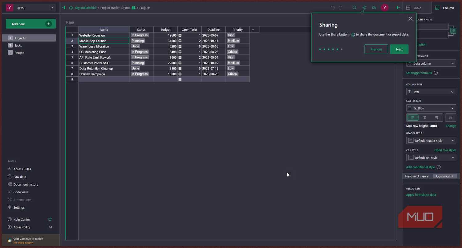 Gris table with sharing tooltip.