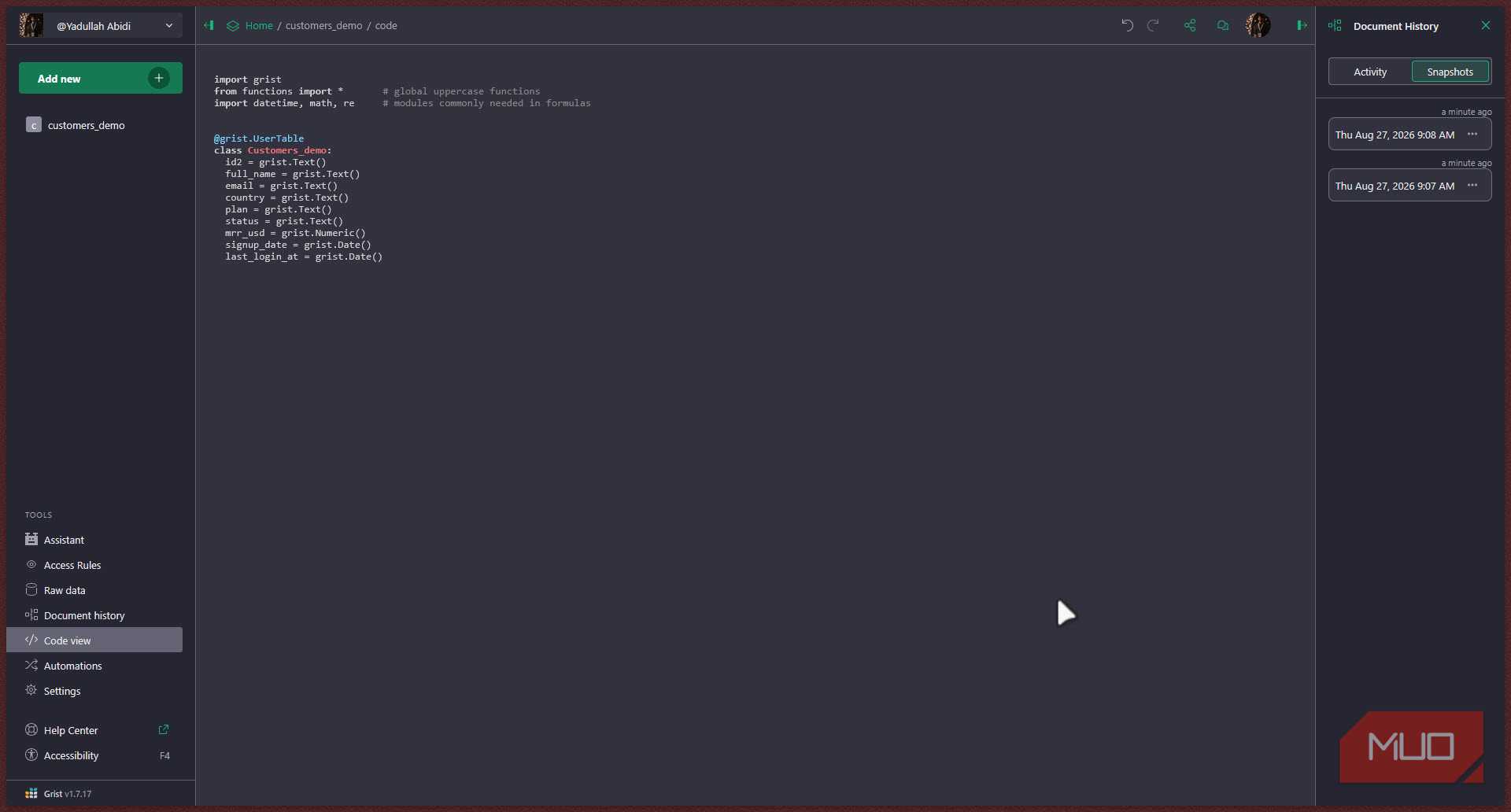 Grist code view.