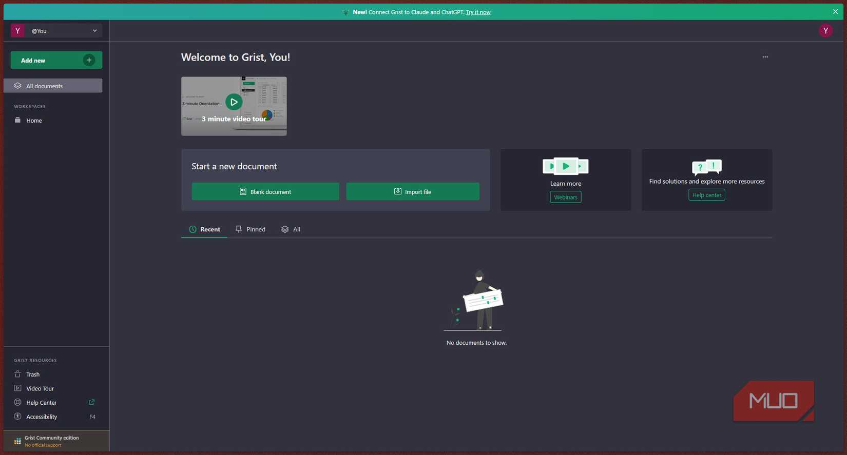 Grist home dashboard.