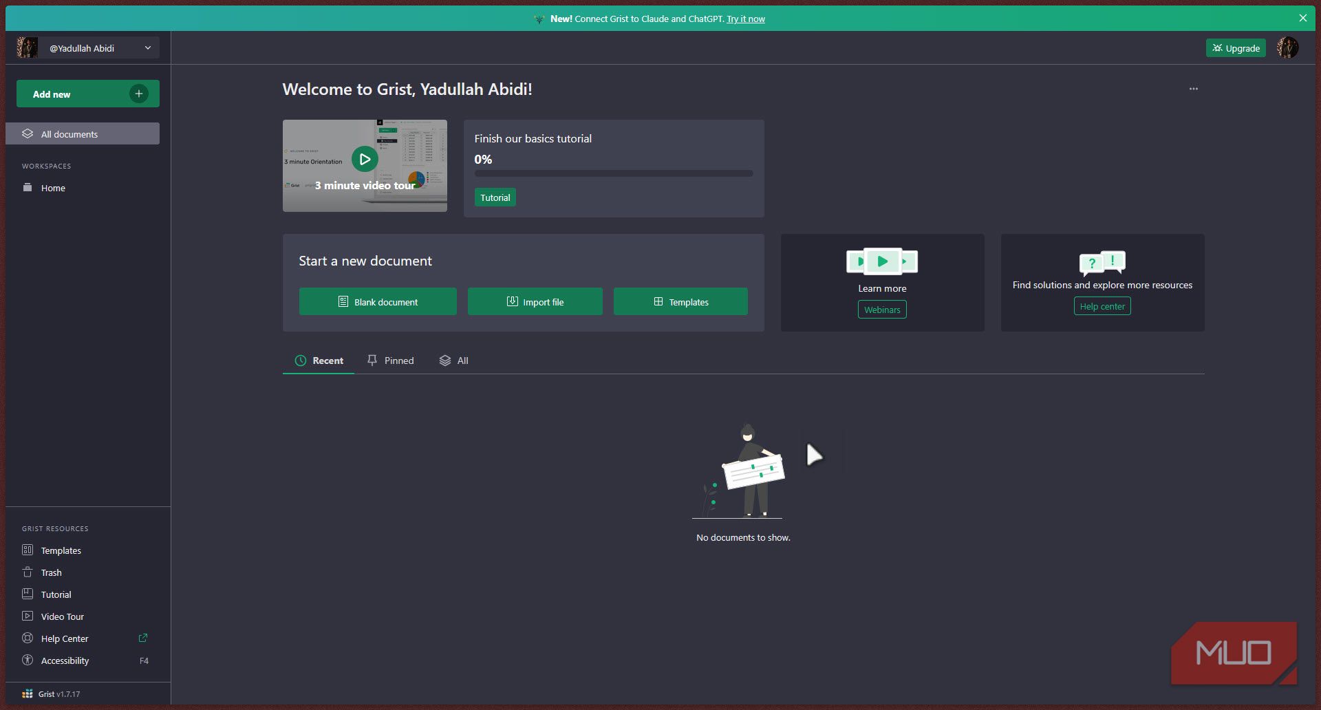 Grist main dashboard.