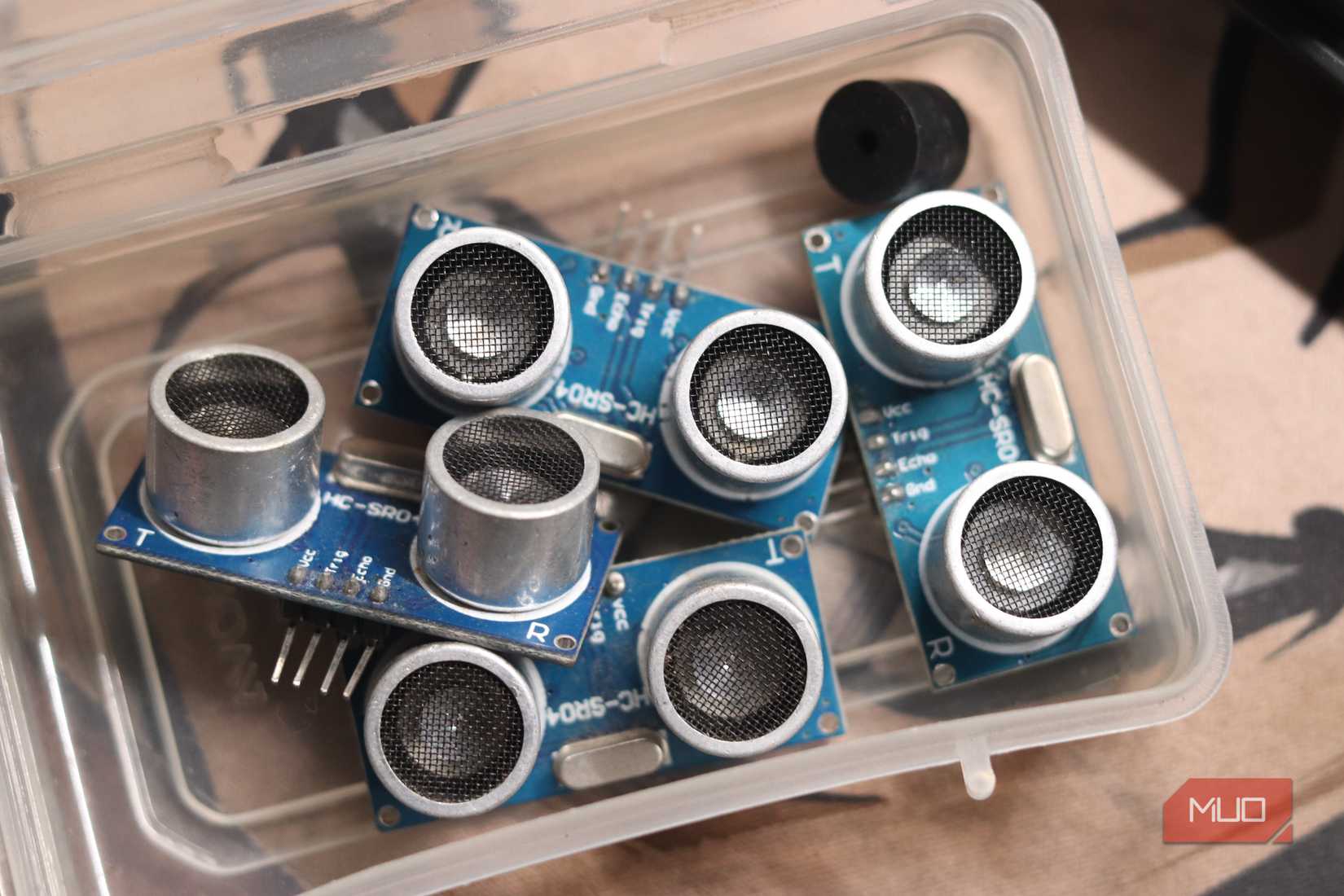 HC SR 04 ultrasonic sensor in a box.