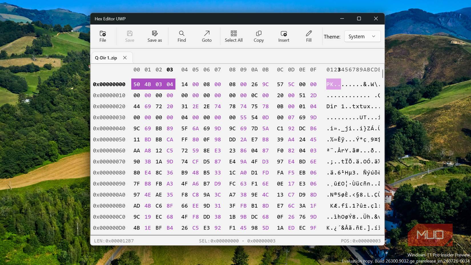 Hex Editor UWP app displaying binary code with PK beside the bytes.
