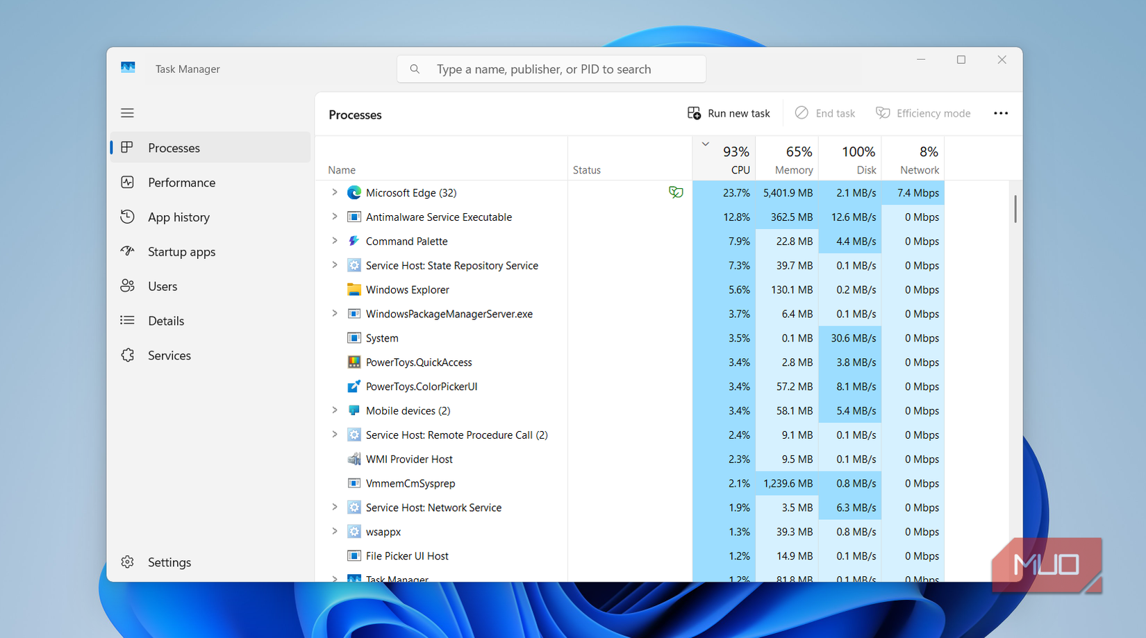 High CPU usage in Task Manager