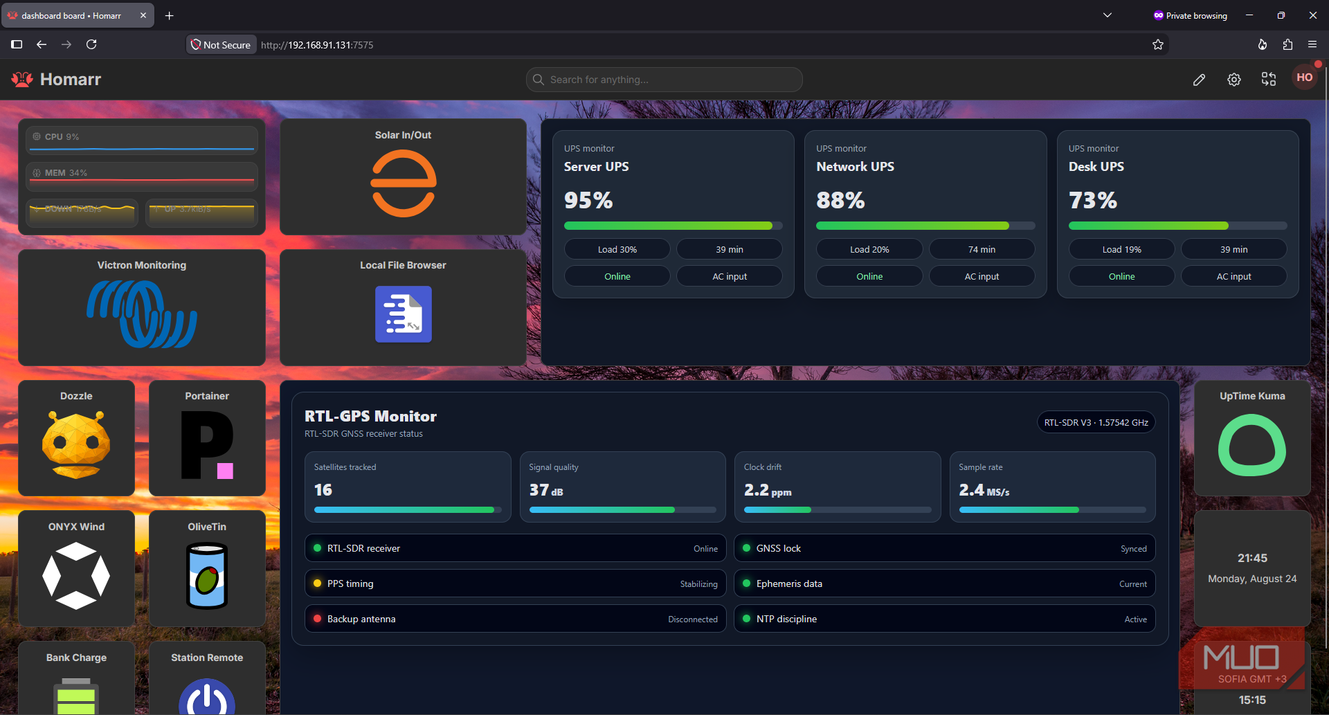 Homelab Homarr dashboard running on HTTP
