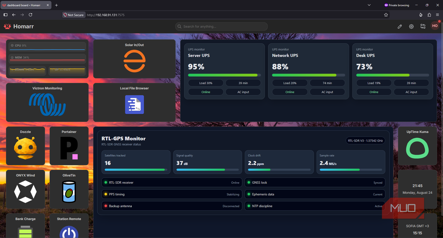 Homelab Homarr dashboard running on HTTP