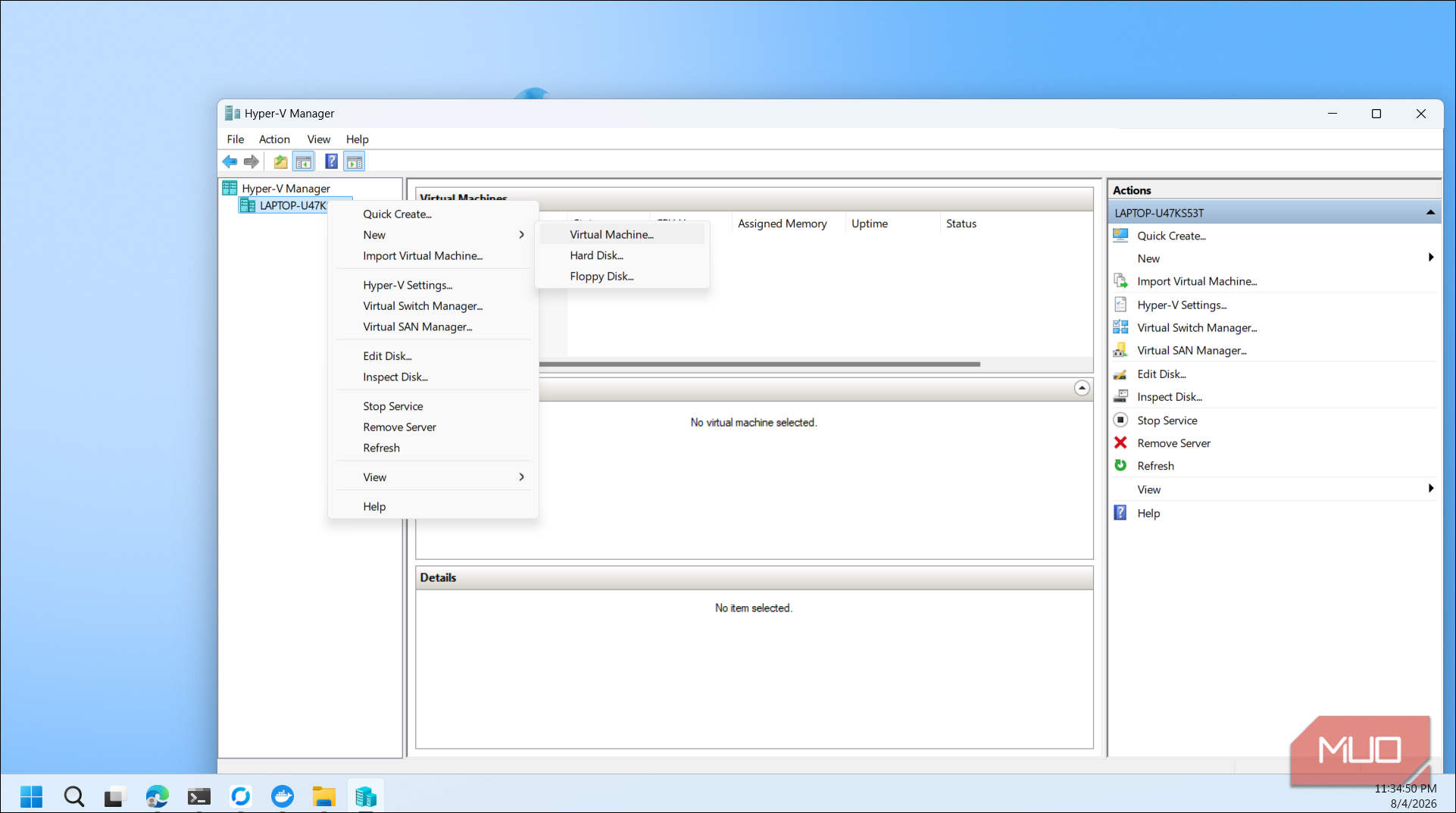 Hyper V Manager interface with virtual machine creation menu open