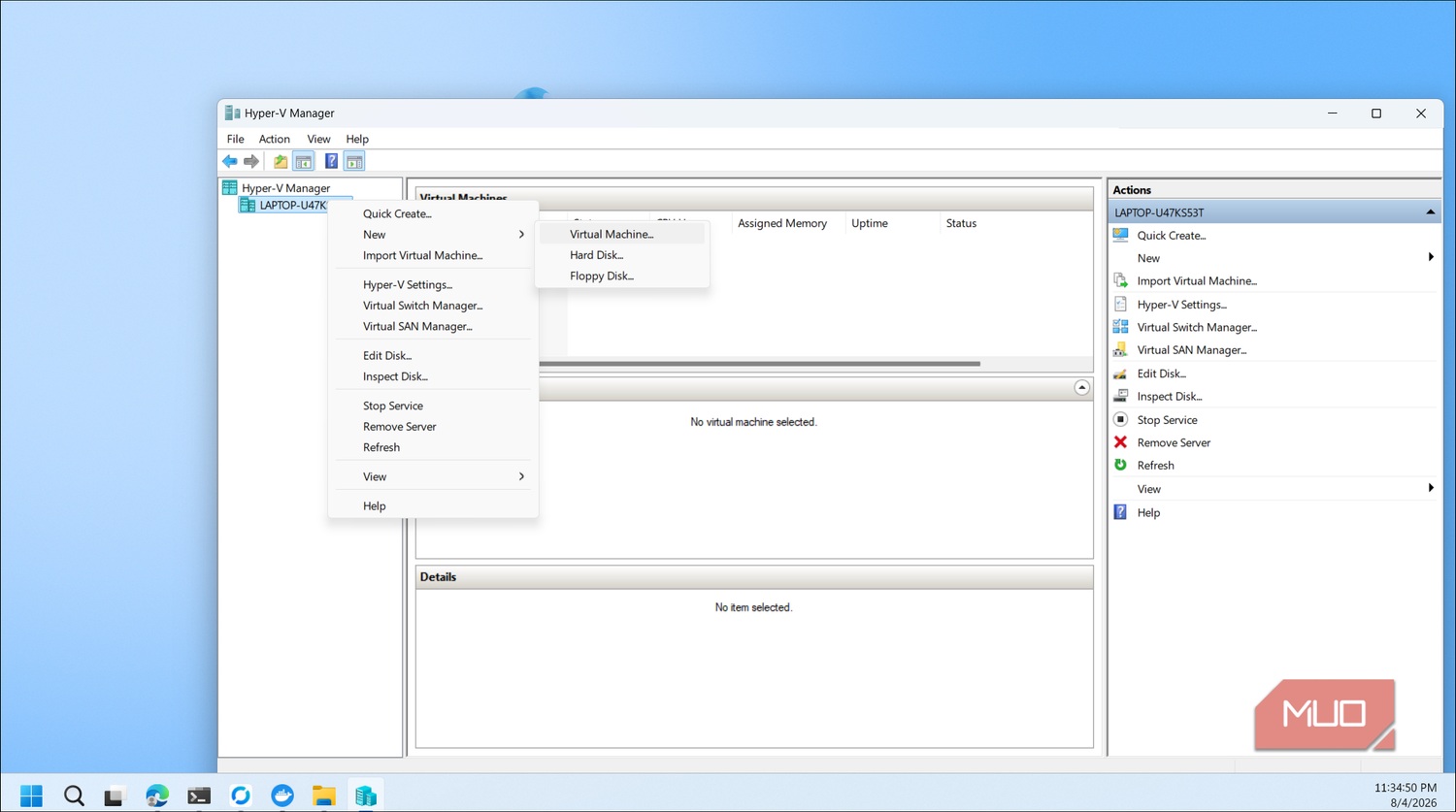 Hyper V Manager interface with virtual machine creation menu open