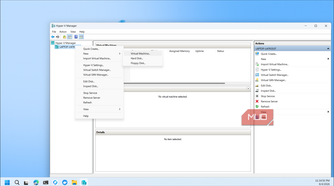 Hyper V Manager interface with virtual machine creation menu open