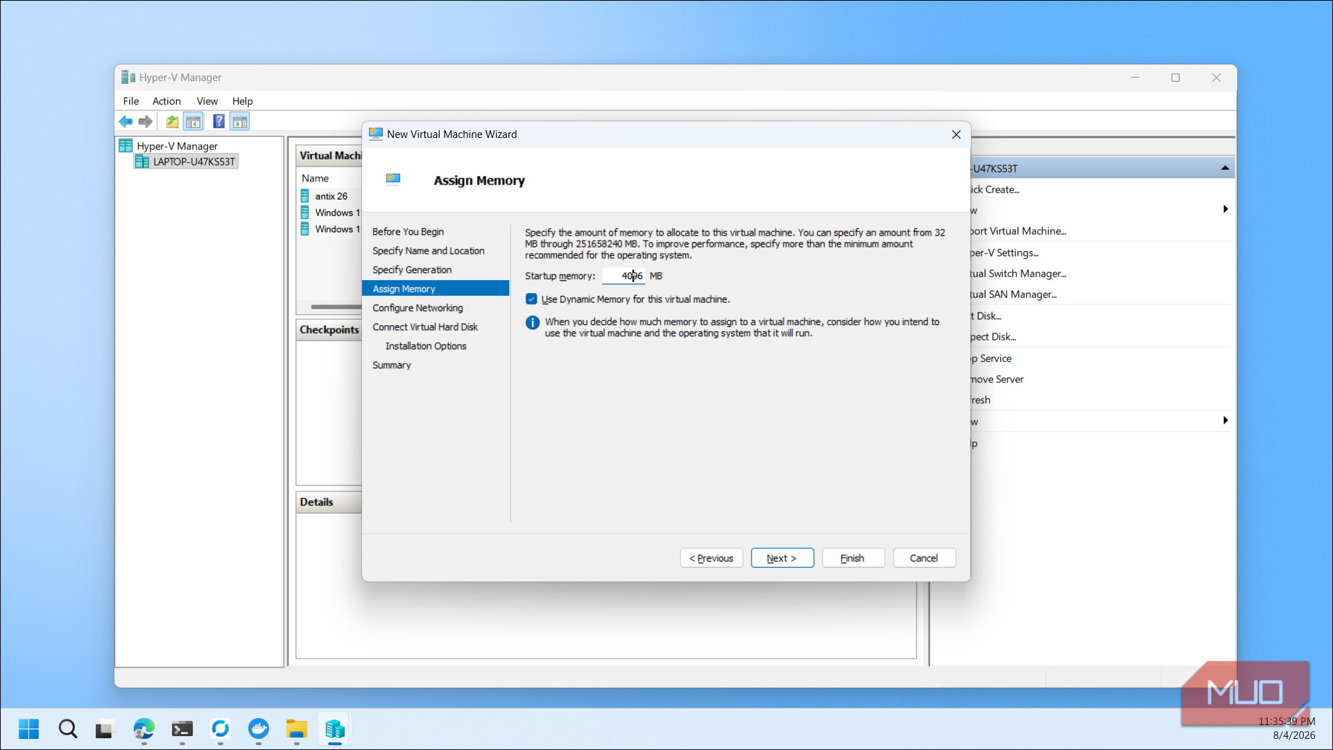 Hyper V Manager New Virtual Machine Wizard Assign Memory dialog