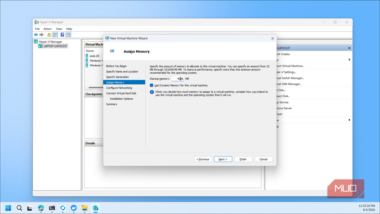 Hyper V Manager New Virtual Machine Wizard Assign Memory dialog