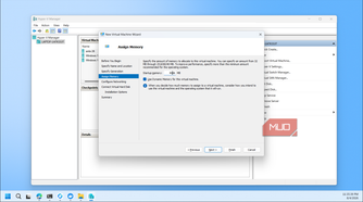 Hyper V Manager New Virtual Machine Wizard Assign Memory dialog