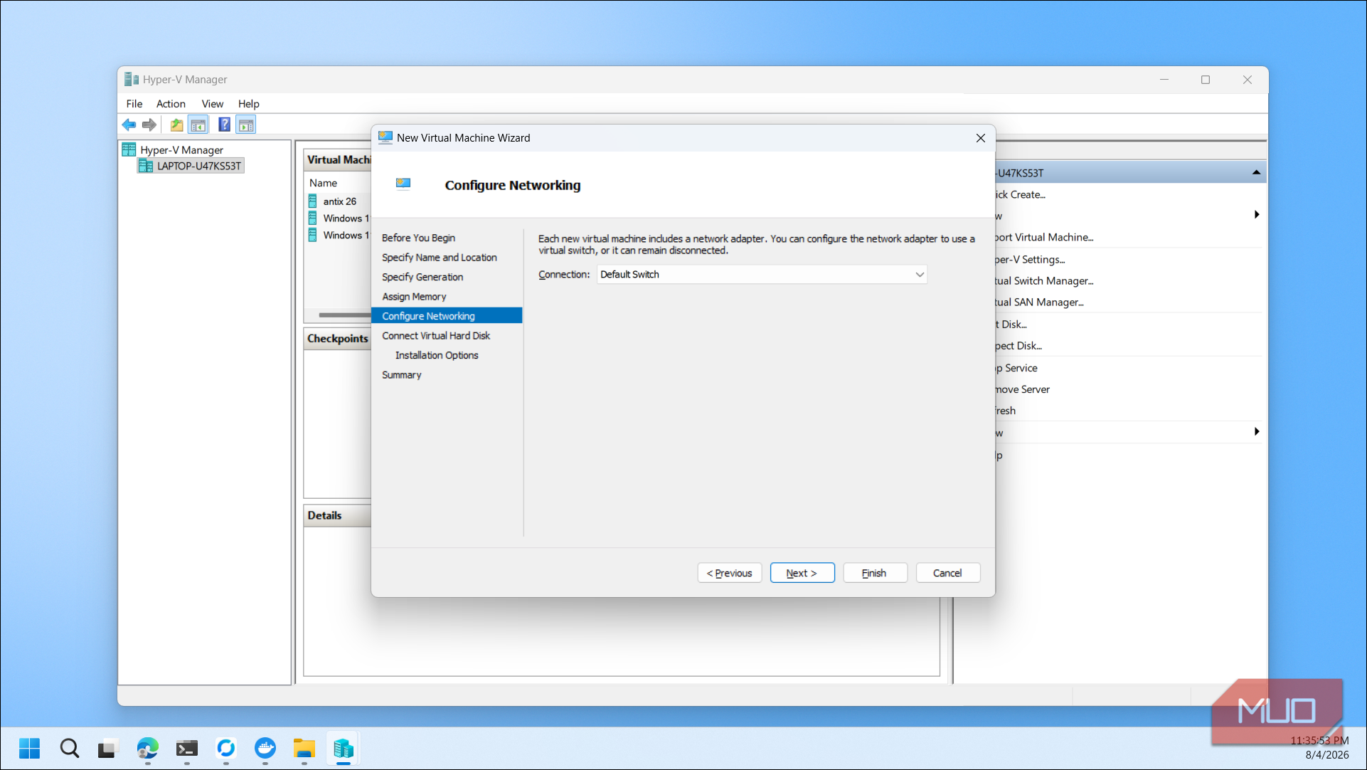 Hyper V Manager New Virtual Machine Wizard Configure Networking dialog