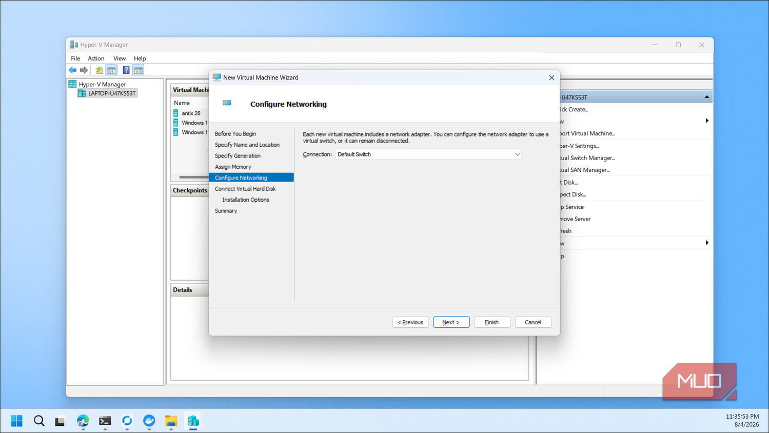 Hyper V Manager New Virtual Machine Wizard Configure Networking dialog