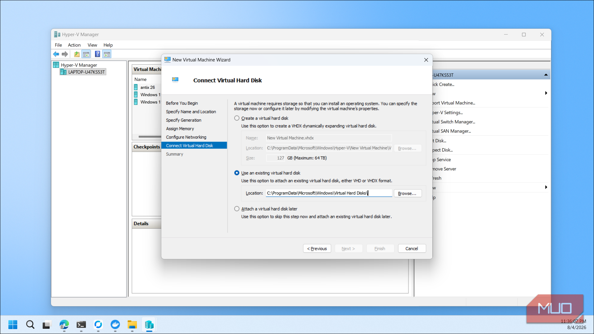 Hyper V Manager New Virtual Machine Wizard Connect Virtual Hard Disk step