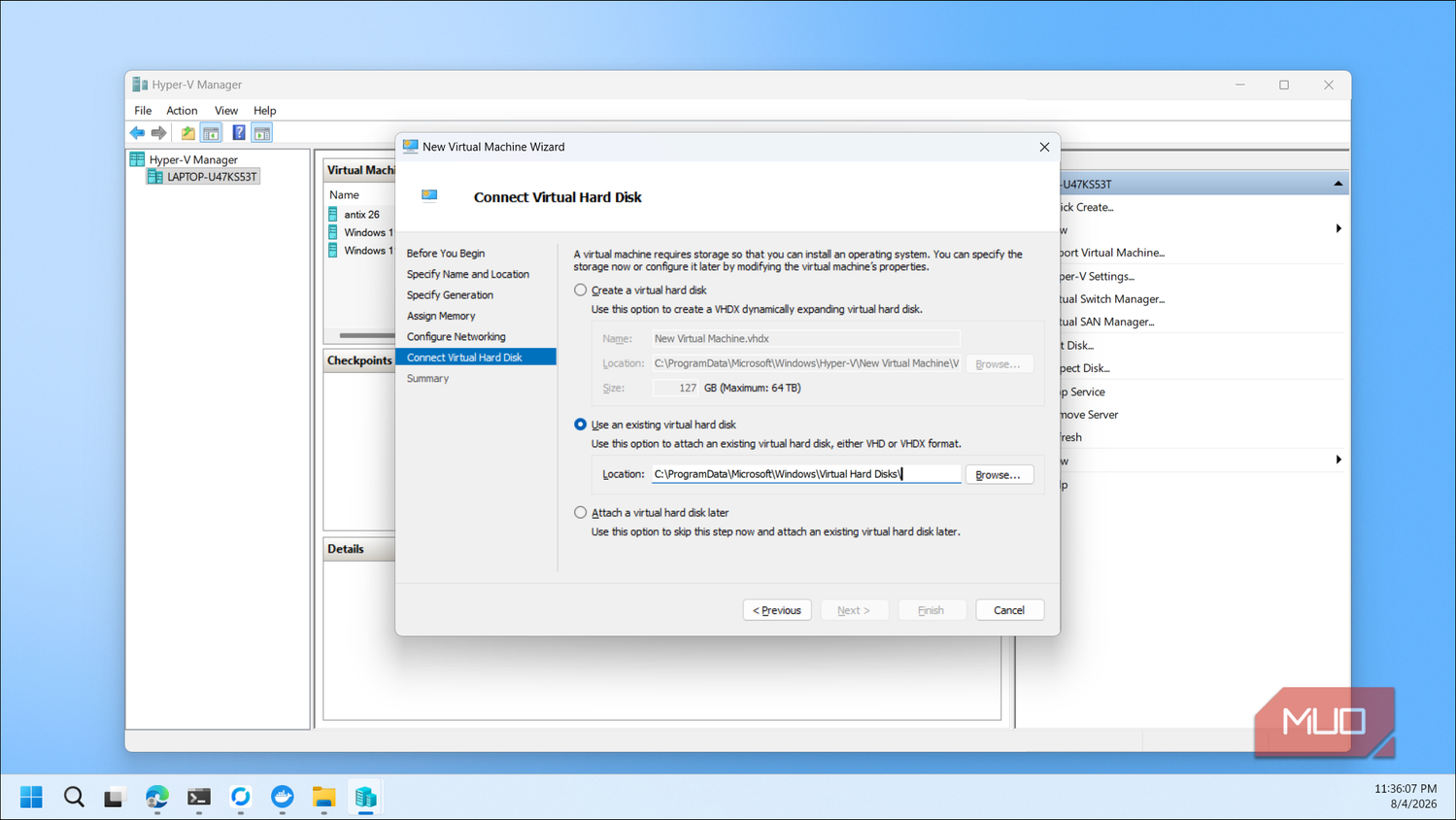 Hyper V Manager New Virtual Machine Wizard Connect Virtual Hard Disk step