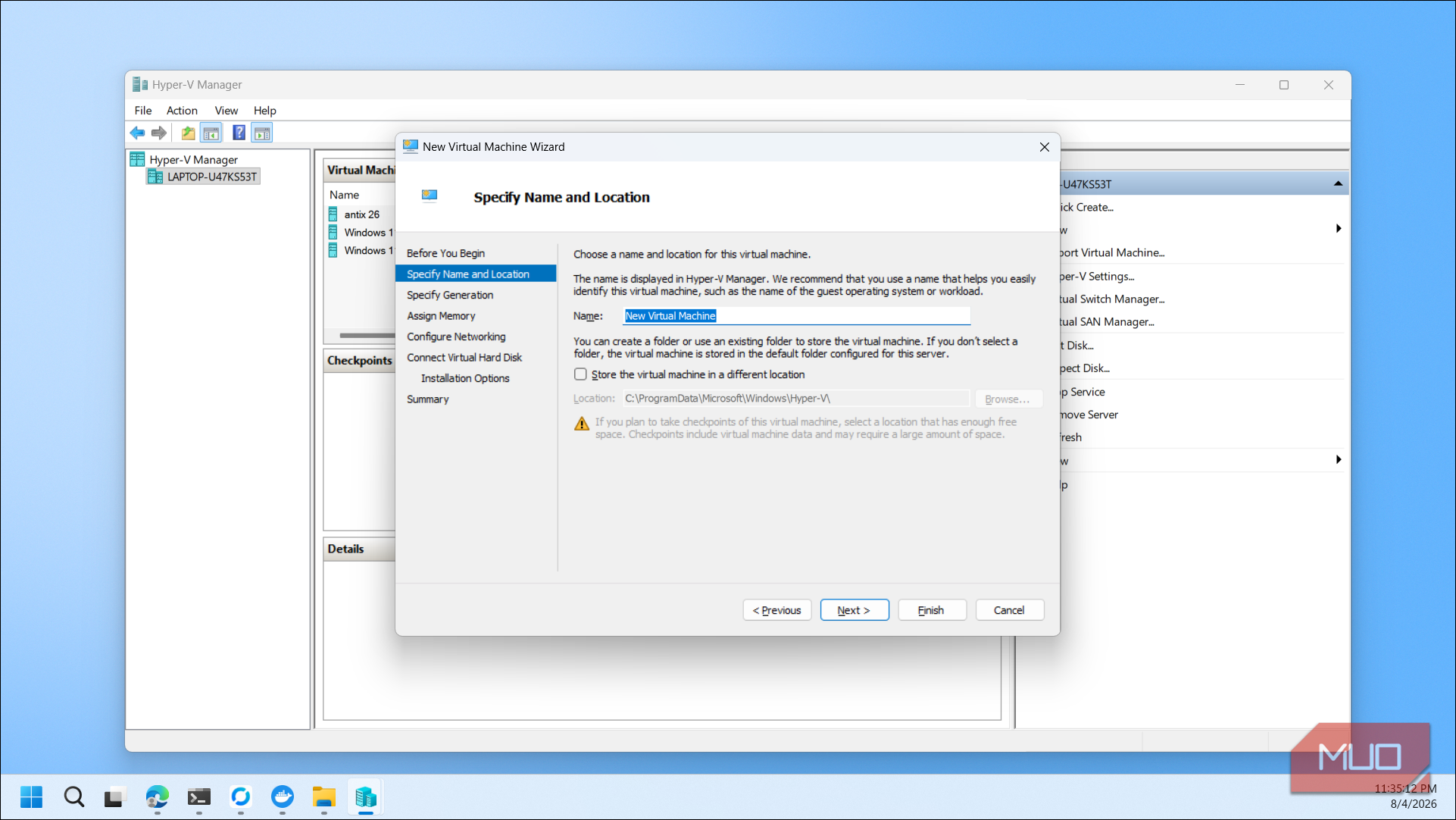 Hyper V Manager New Virtual Machine Wizard name and location dialog
