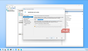 Hyper V Manager New Virtual Machine Wizard name and location dialog