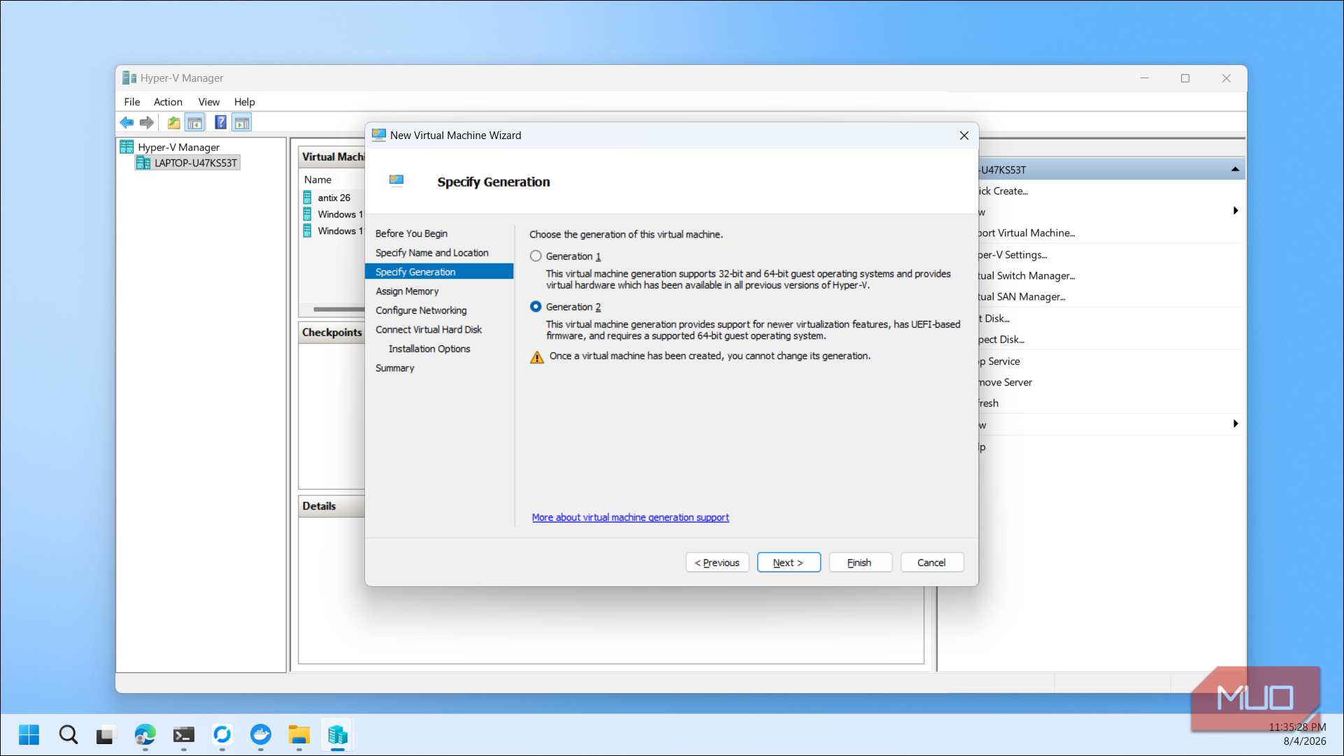 Hyper V Manager New Virtual Machine Wizard Specify Generation dialog