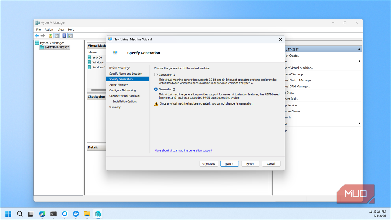 Hyper V Manager New Virtual Machine Wizard Specify Generation dialog