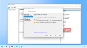 Hyper V Manager New Virtual Machine Wizard Specify Generation dialog