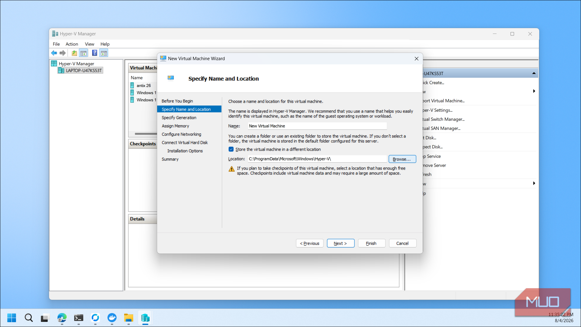 Hyper V Manager New Virtual Machine Wizard specify name and location dialog
