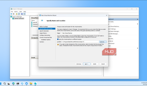 Hyper V Manager New Virtual Machine Wizard specify name and location dialog