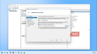 Hyper V Manager New Virtual Machine Wizard specify name and location dialog