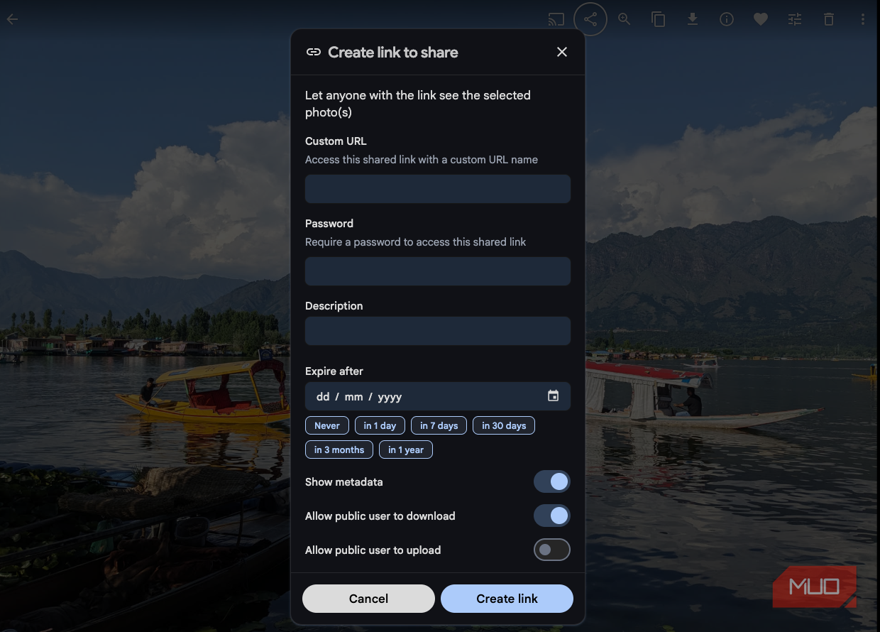 Sharing options on Immich.