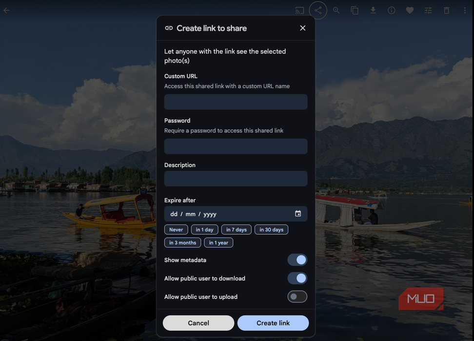 Sharing options on Immich.