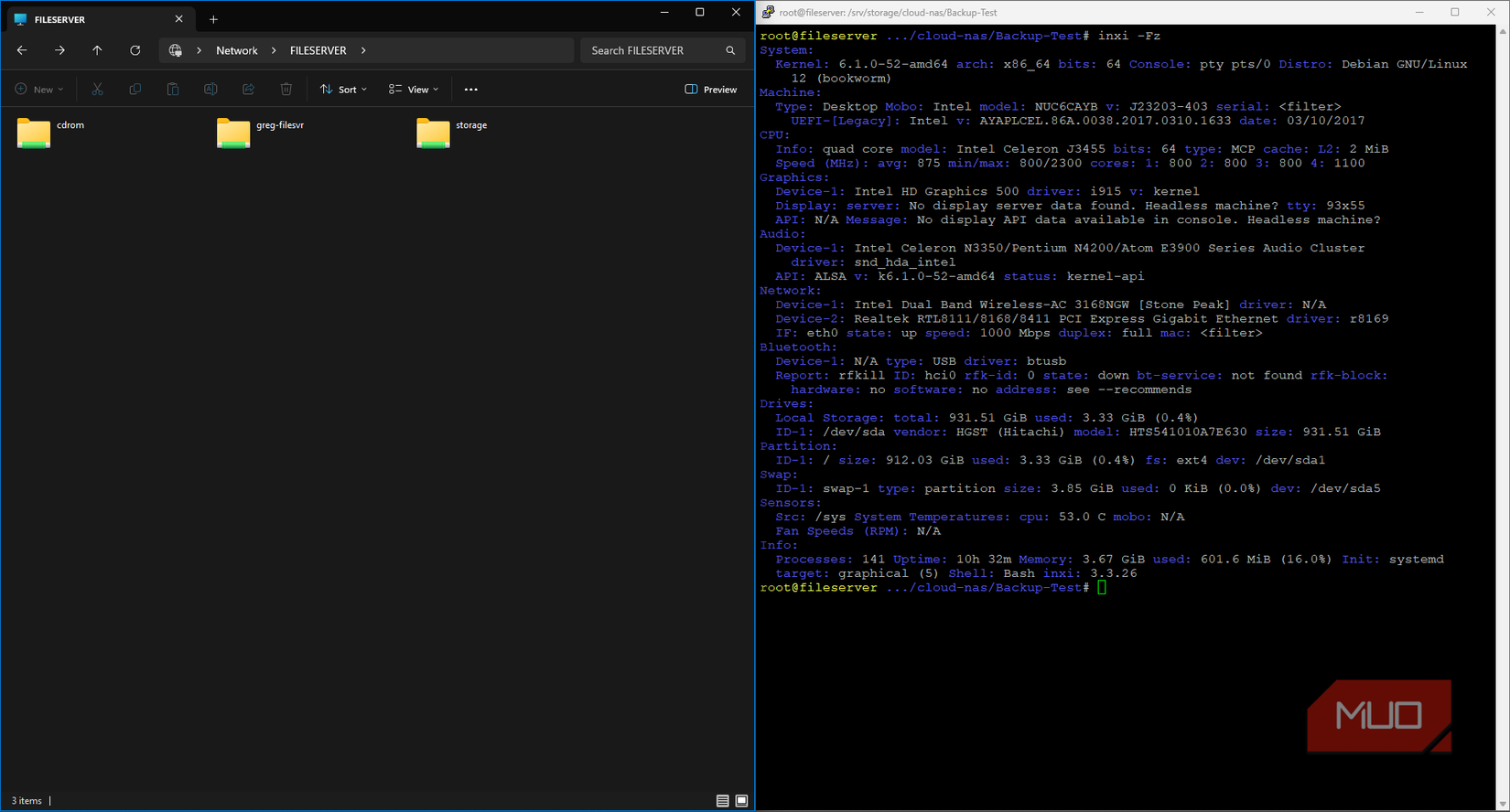 inxi command showing NUC system specs beside File explorer network 