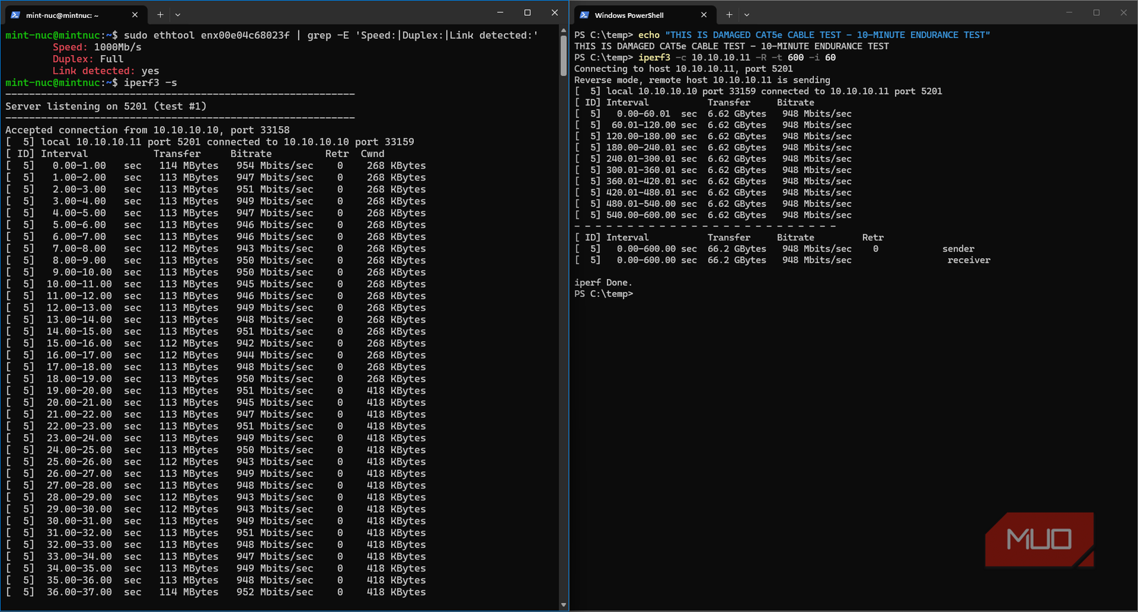 iperf3 speed testing ethernet cables with a 10-minute endurance test with zero TCP retransmissions
