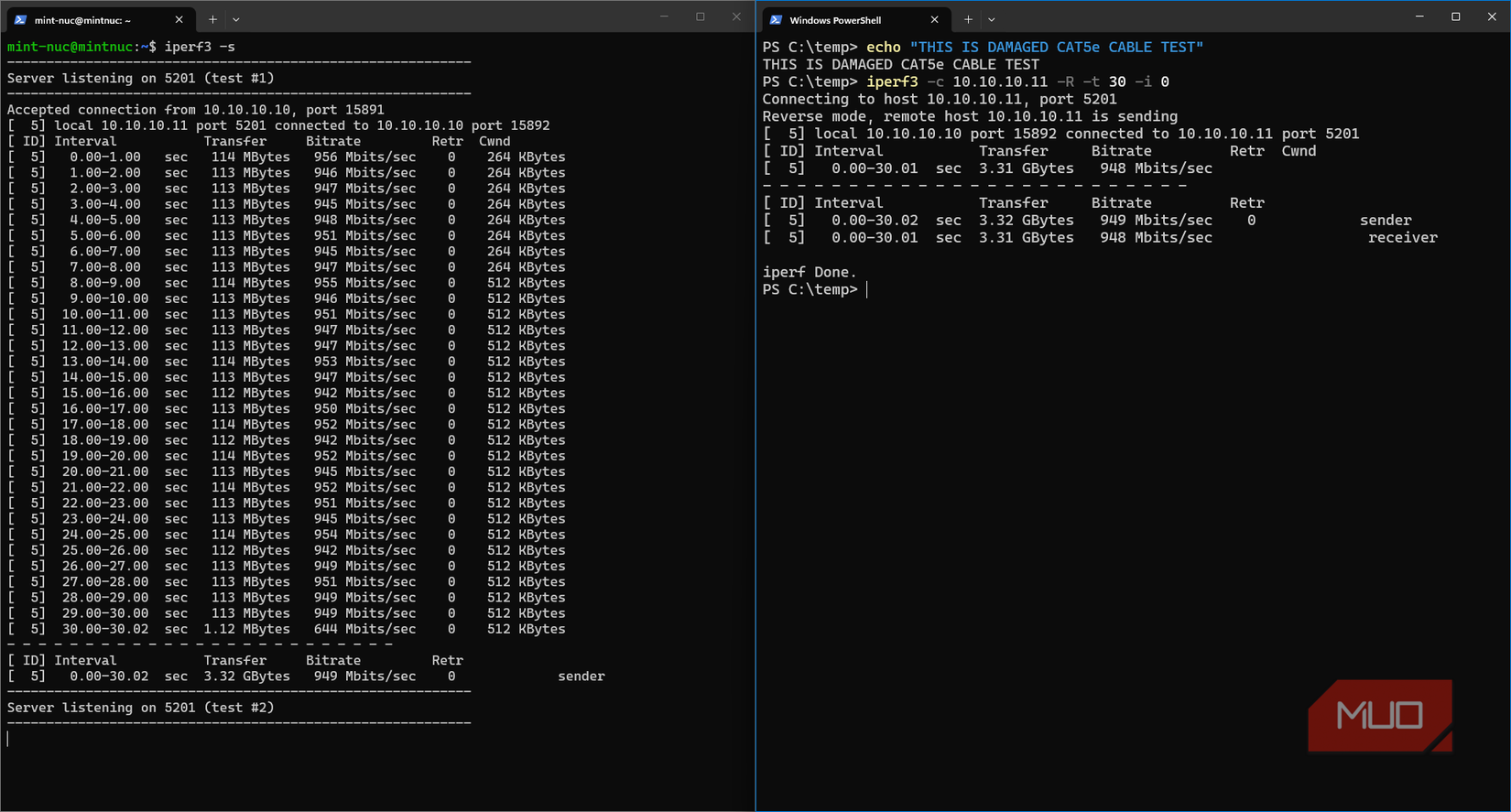 iperf3 Cat5e water-damaged cable speed testing