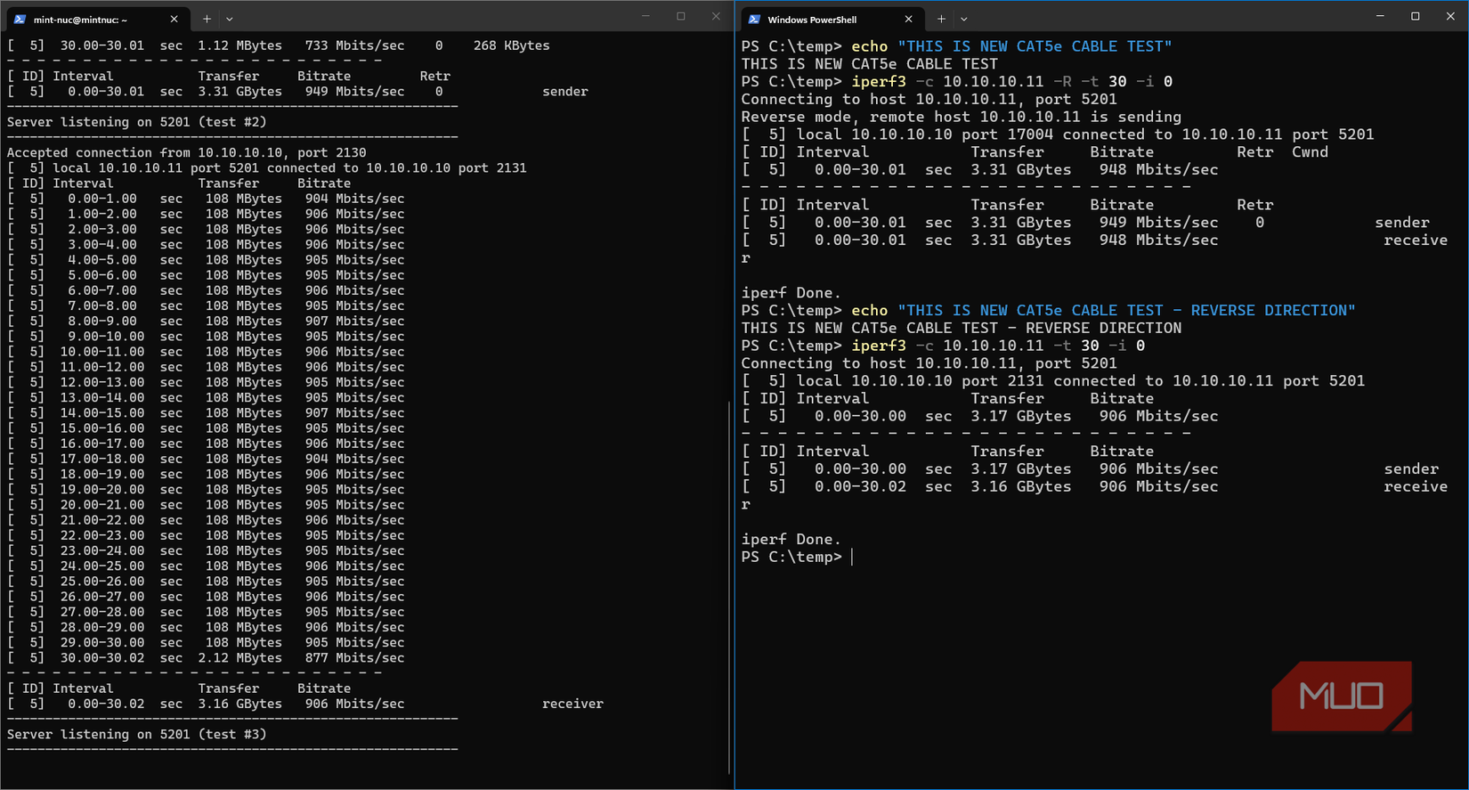Cat6a + Cat6a iperf3 testing and Cat5e + Cat6a iperft testing both using L2 switch