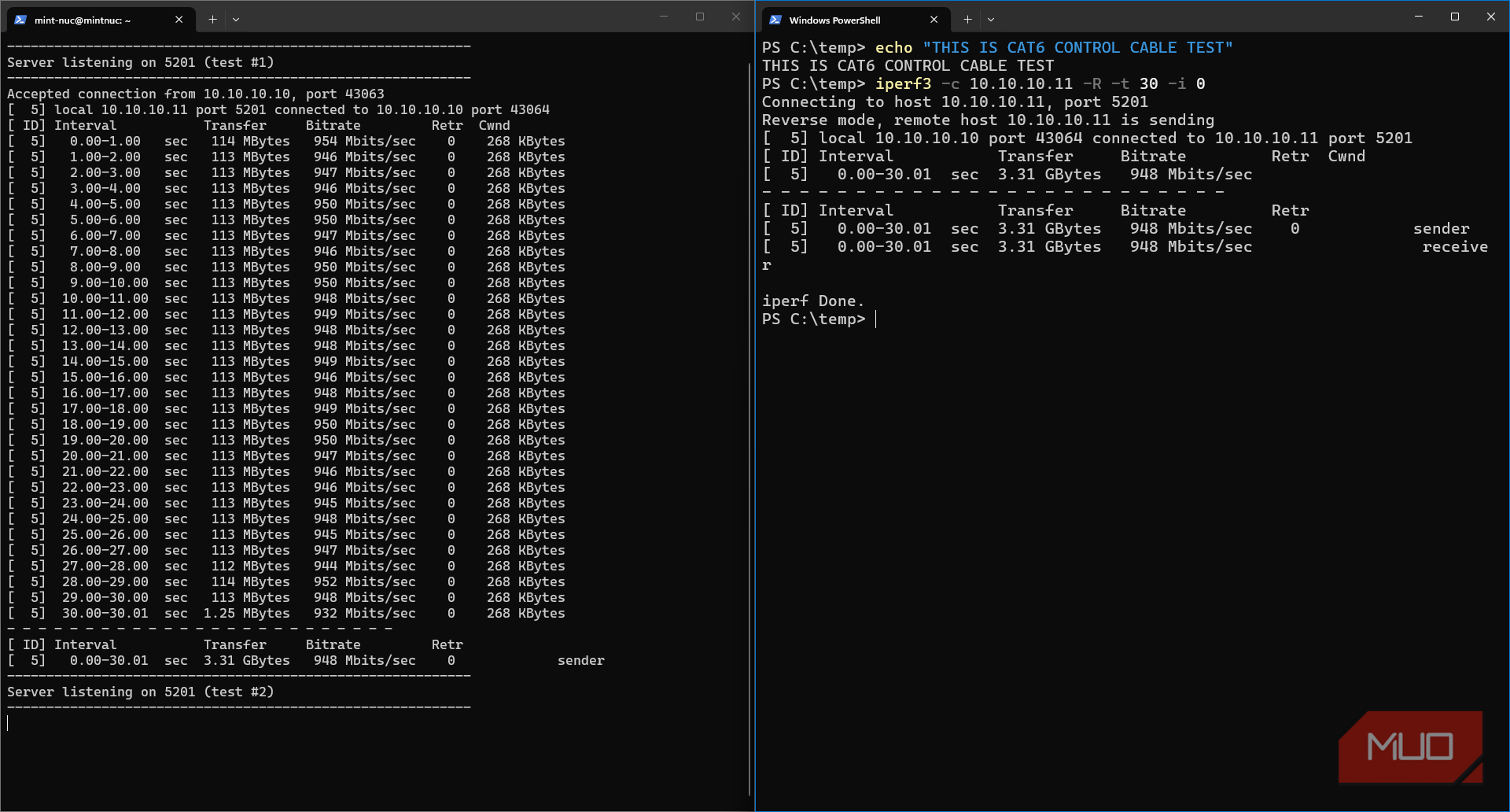 iperf3 Cat6a control test averaging 948 Mbps