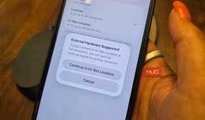 An iPhone with a pop-up showing that you need external hardware to listen in Hi-Res Lossless.