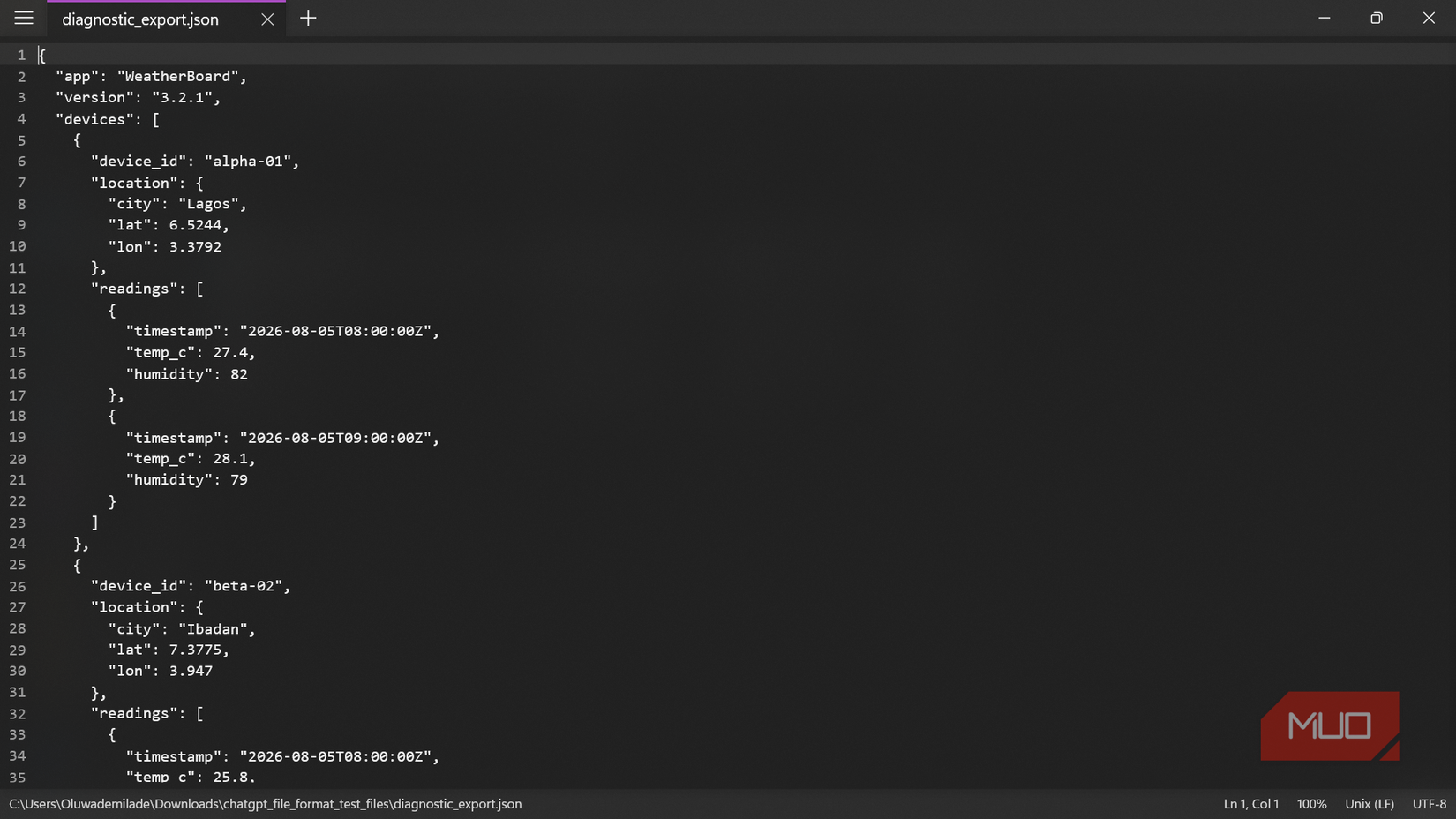 JSON diagnostic export file in text editor