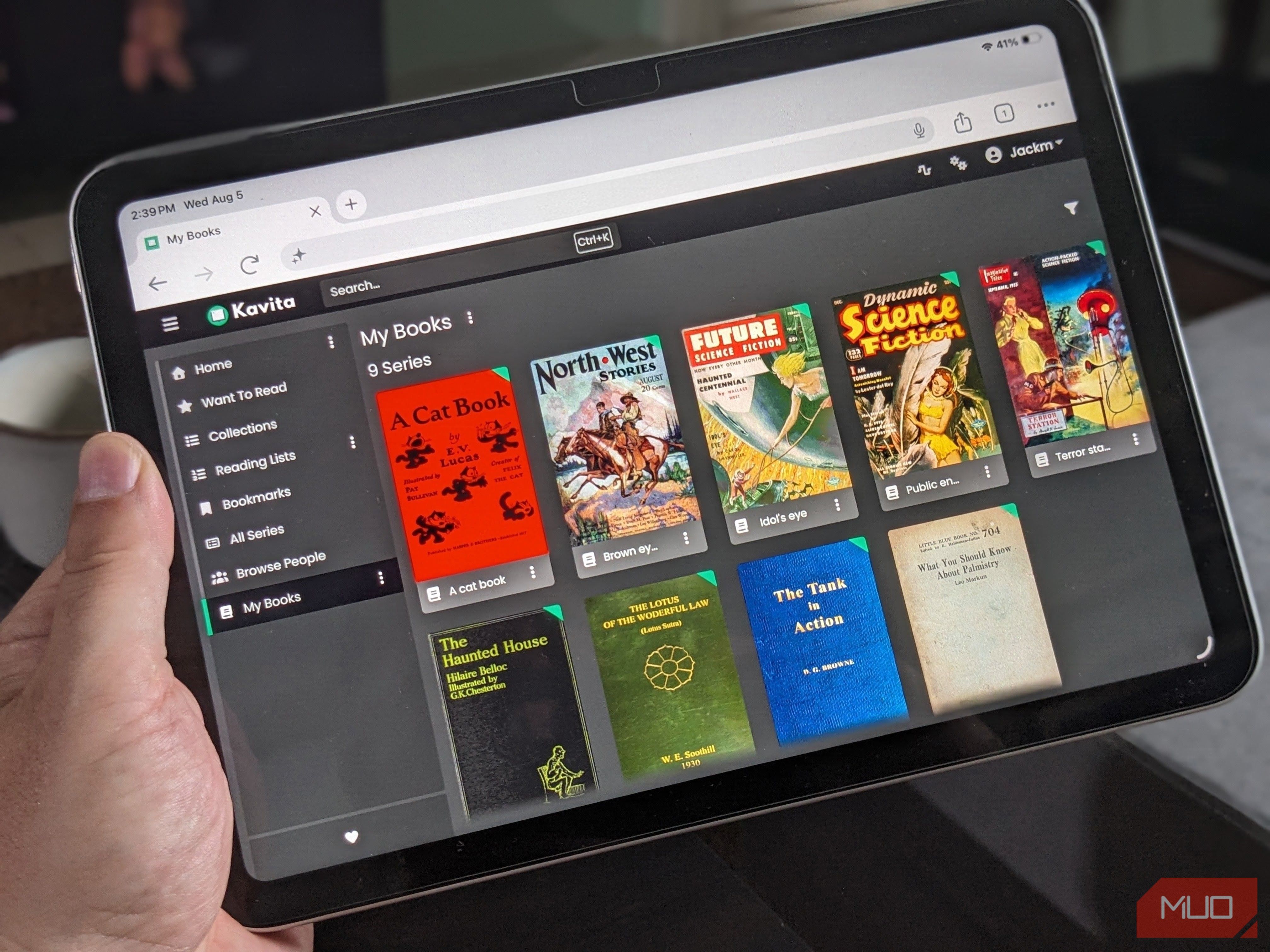 The Kavita ebook reader shown on an iPad.