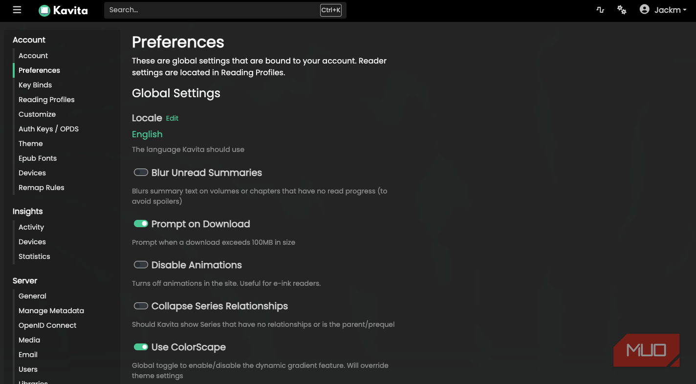 The preferences page on Kavita.