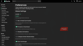 The preferences page on Kavita.