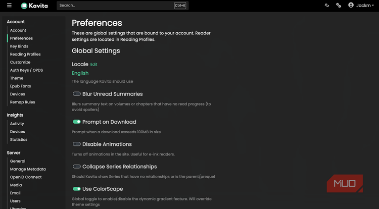 The preferences page on Kavita.