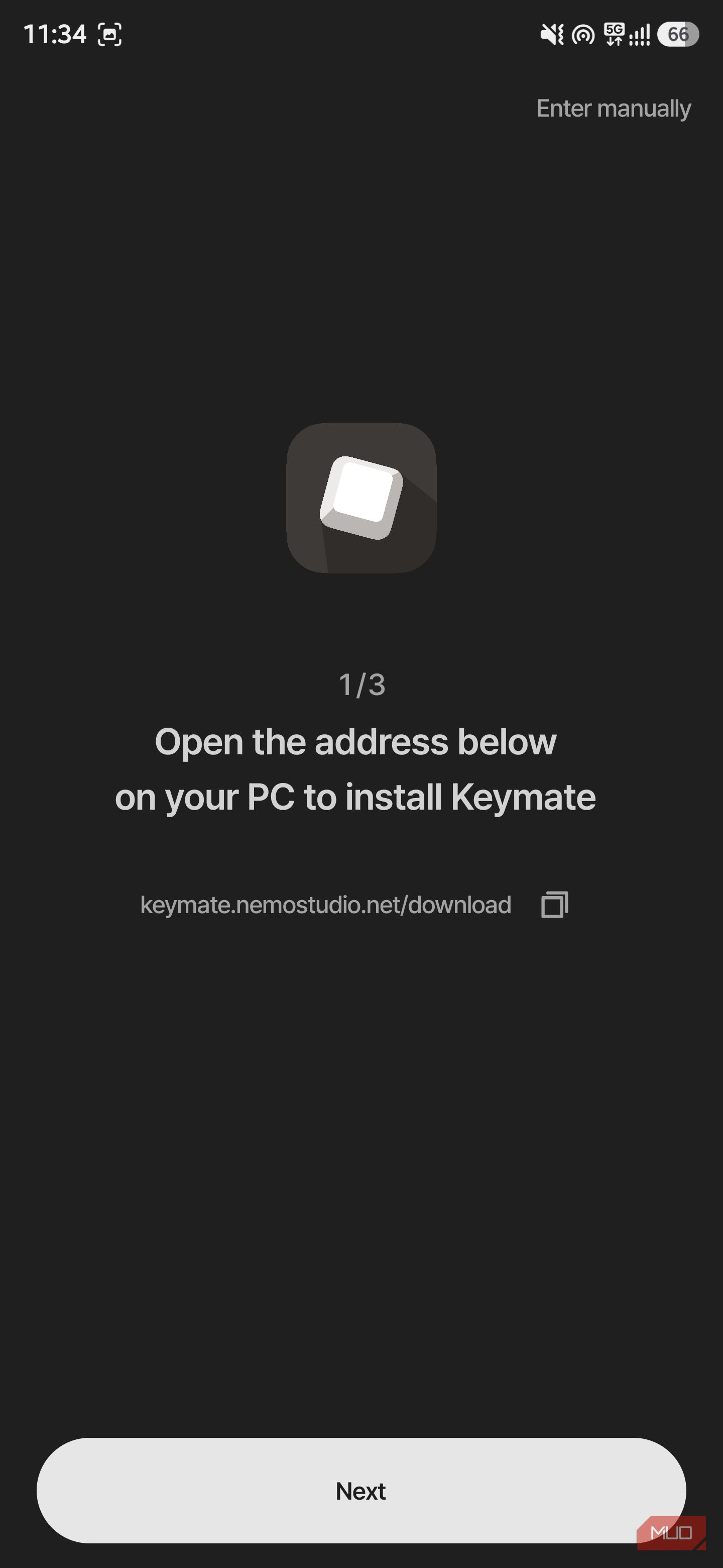 Keymate setup step 1 showing PC download web address