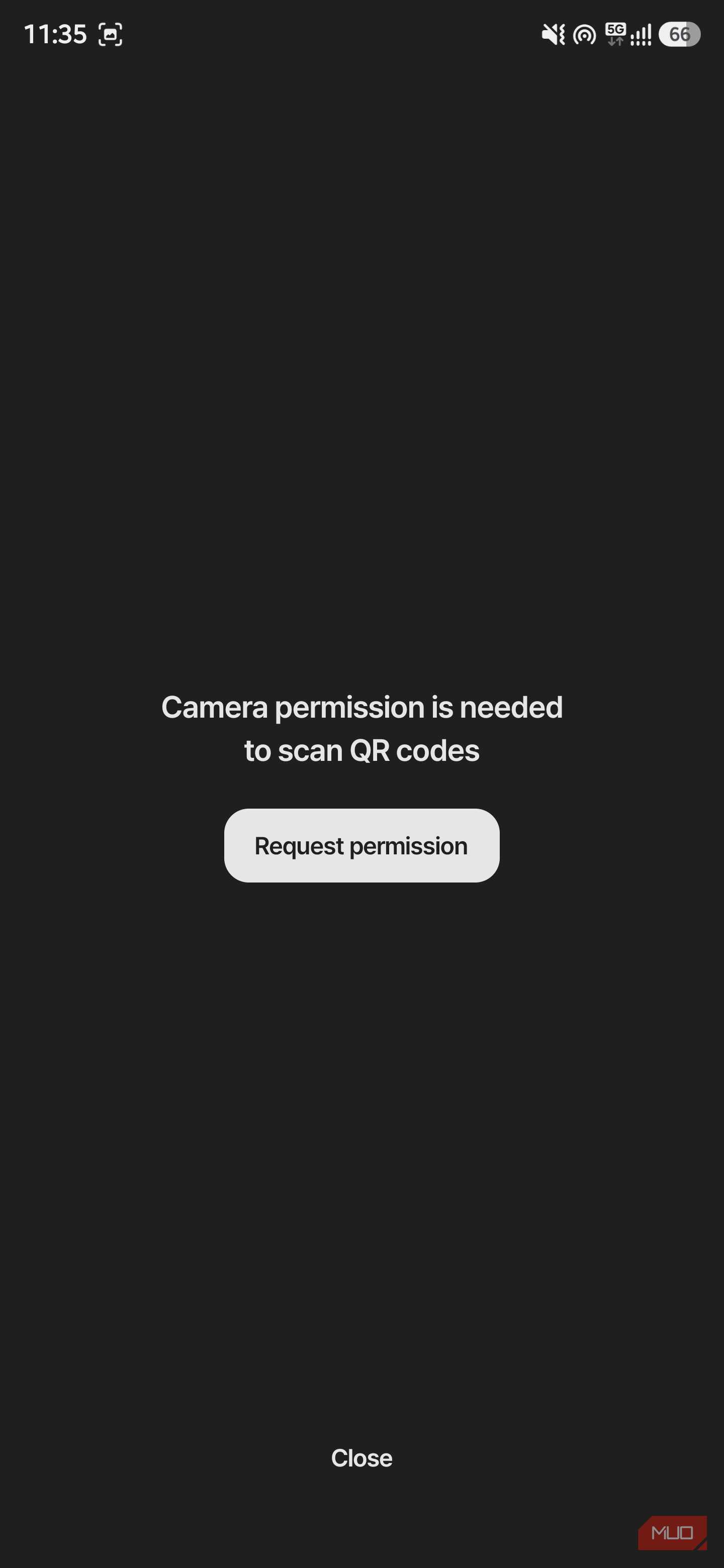 Camera permission request screen for QR code scanning