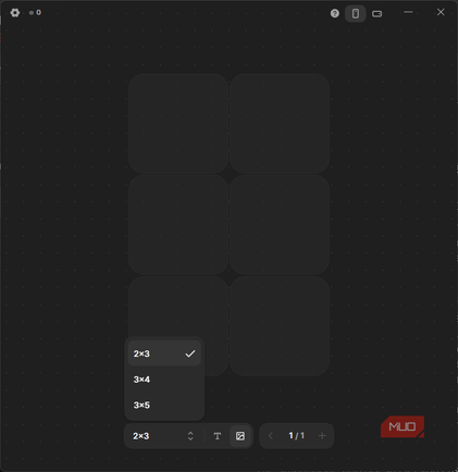 Keymate desktop interface displaying grid dimension options