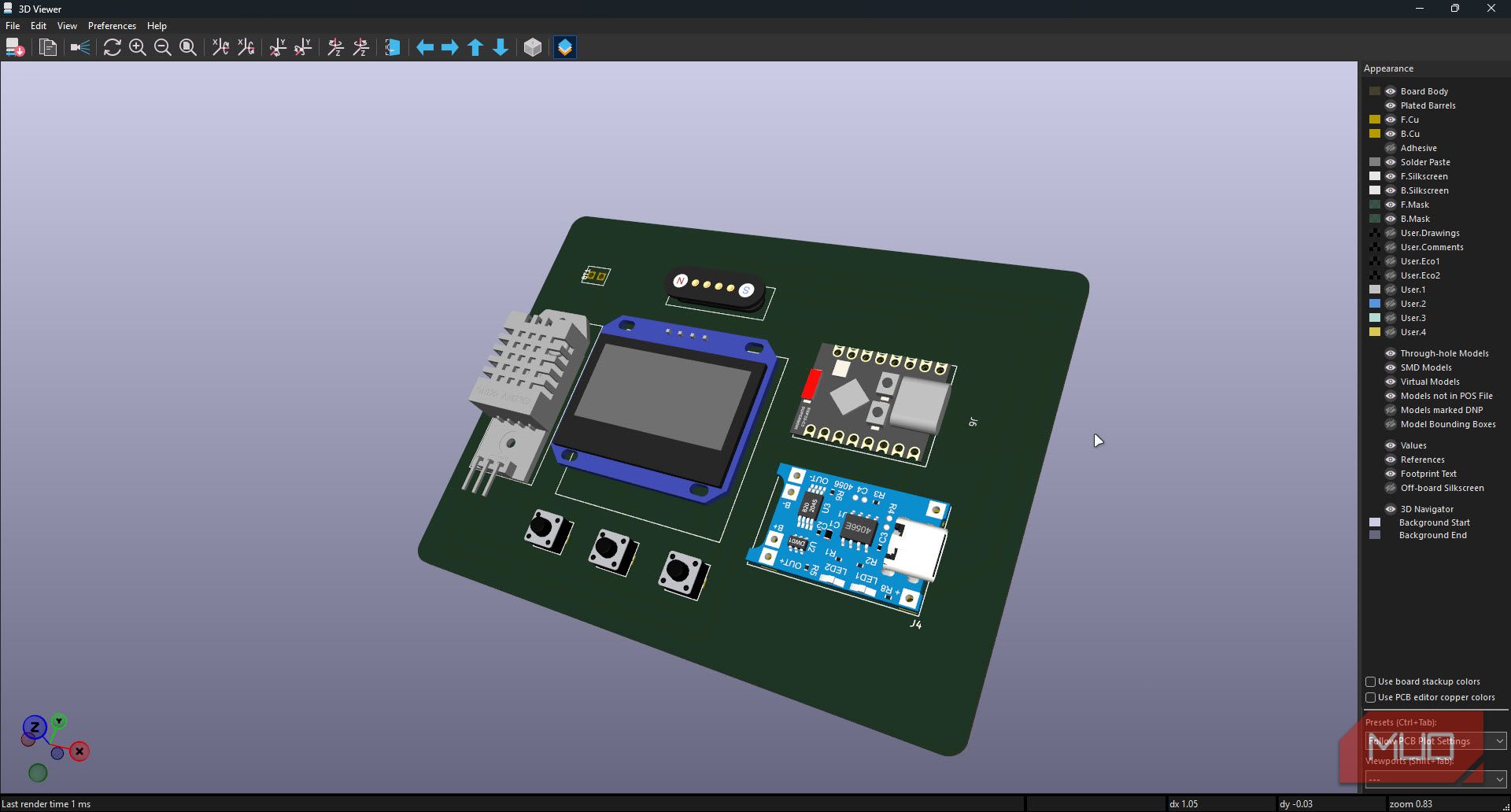 KiCAD PCB 3D view.