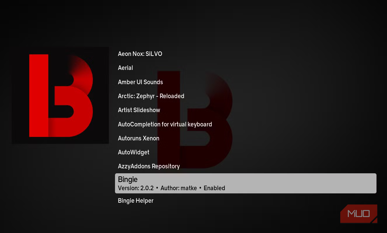 Selecting the Kodi Bingie add-on.
