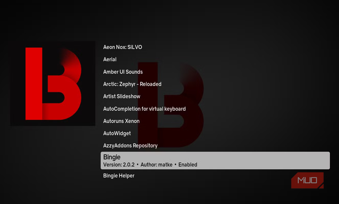 Selecting the Kodi Bingie add-on.
