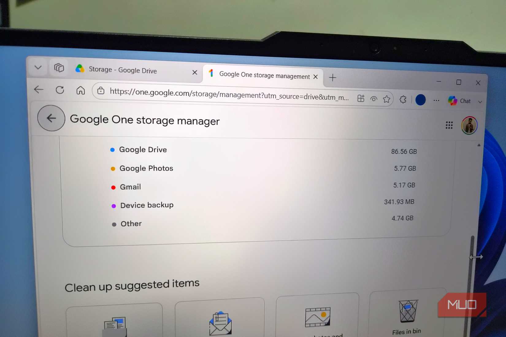 Laptop showing Google account storage menu
